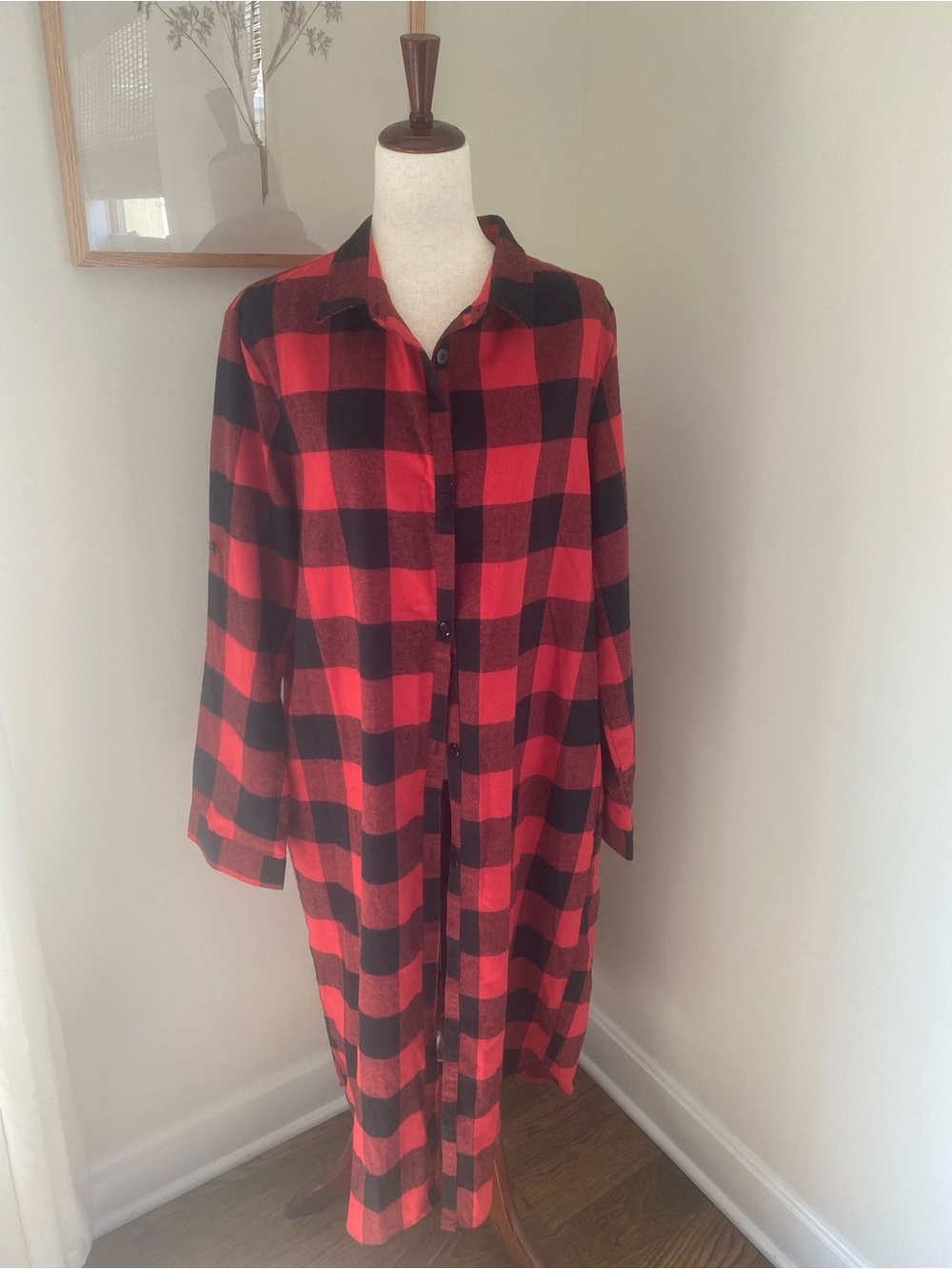 Red and Black Plaid Longline Button-Down Duster
